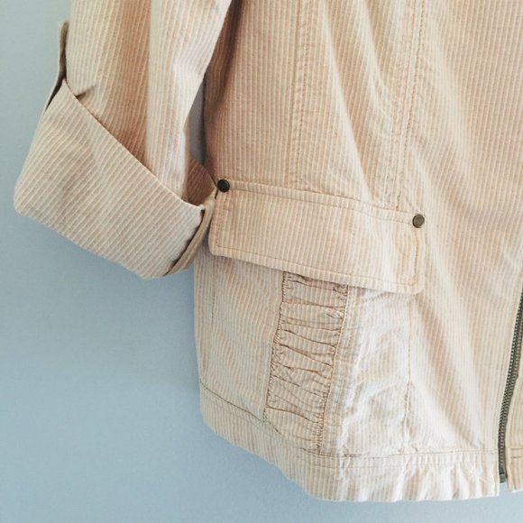 Coldwater Creek Tan/Cream Stripe Zip Up Cargo Lightweight Cotton Jacket Size 12 - Picture 4 of 6
